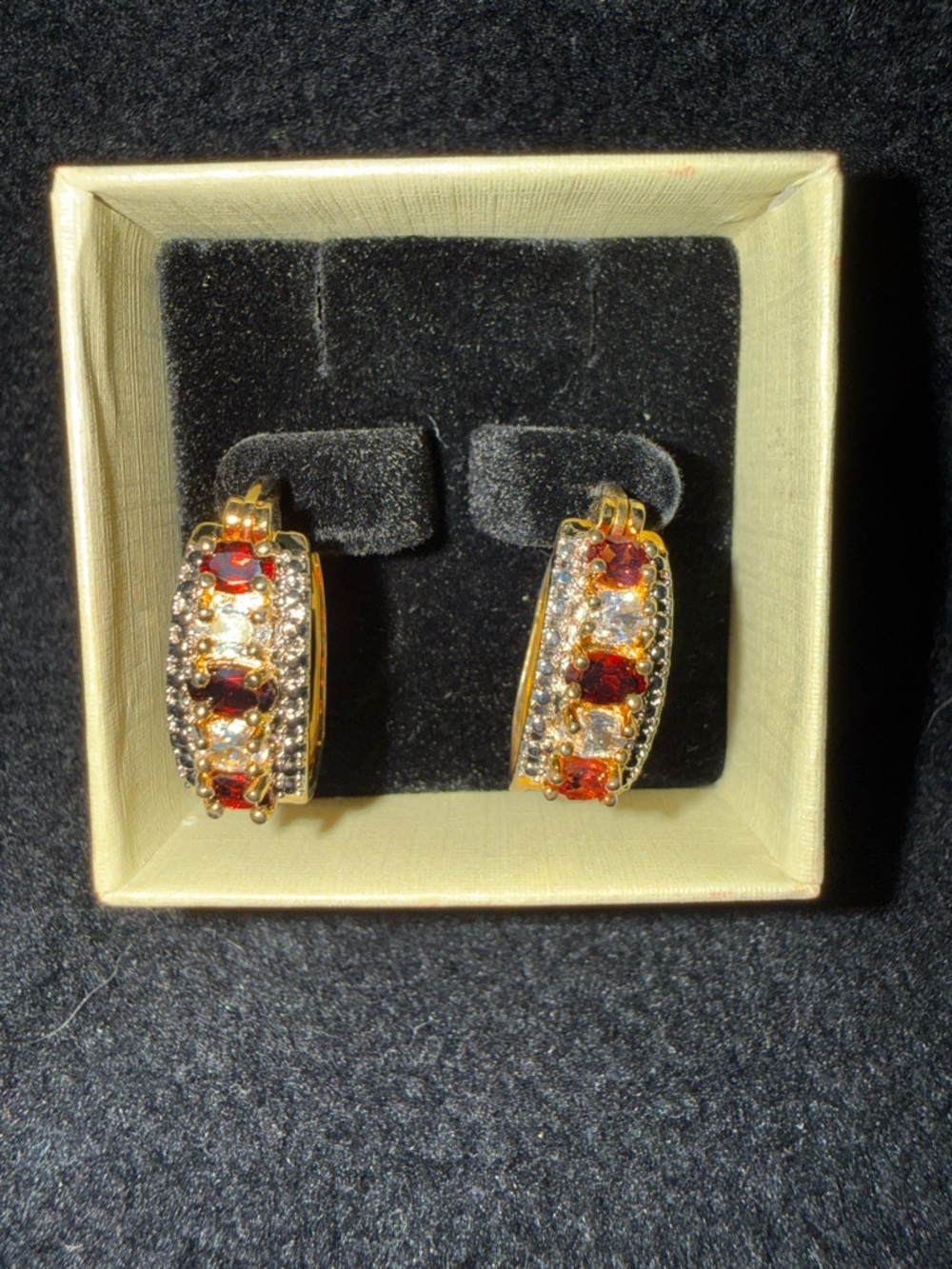 Gold-Tone Hoop Earrings with Red and Clear Stones. Some wear, see pics!